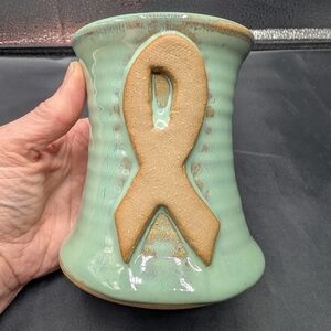 Hand Thrown Pottery Vase With Cancer Awareness Ribbon.  Signed With Verse.